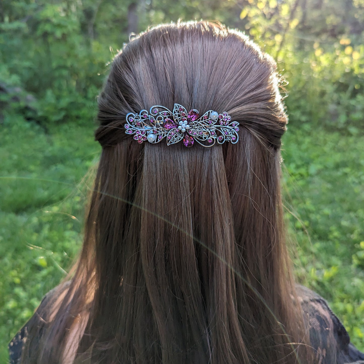 Swarovski Purple Amethyst Floral Crystal Hair Clips, Fancy Hair Barrettes, Bridal Hair Accessories, Hair Barrettes for Thick Hair