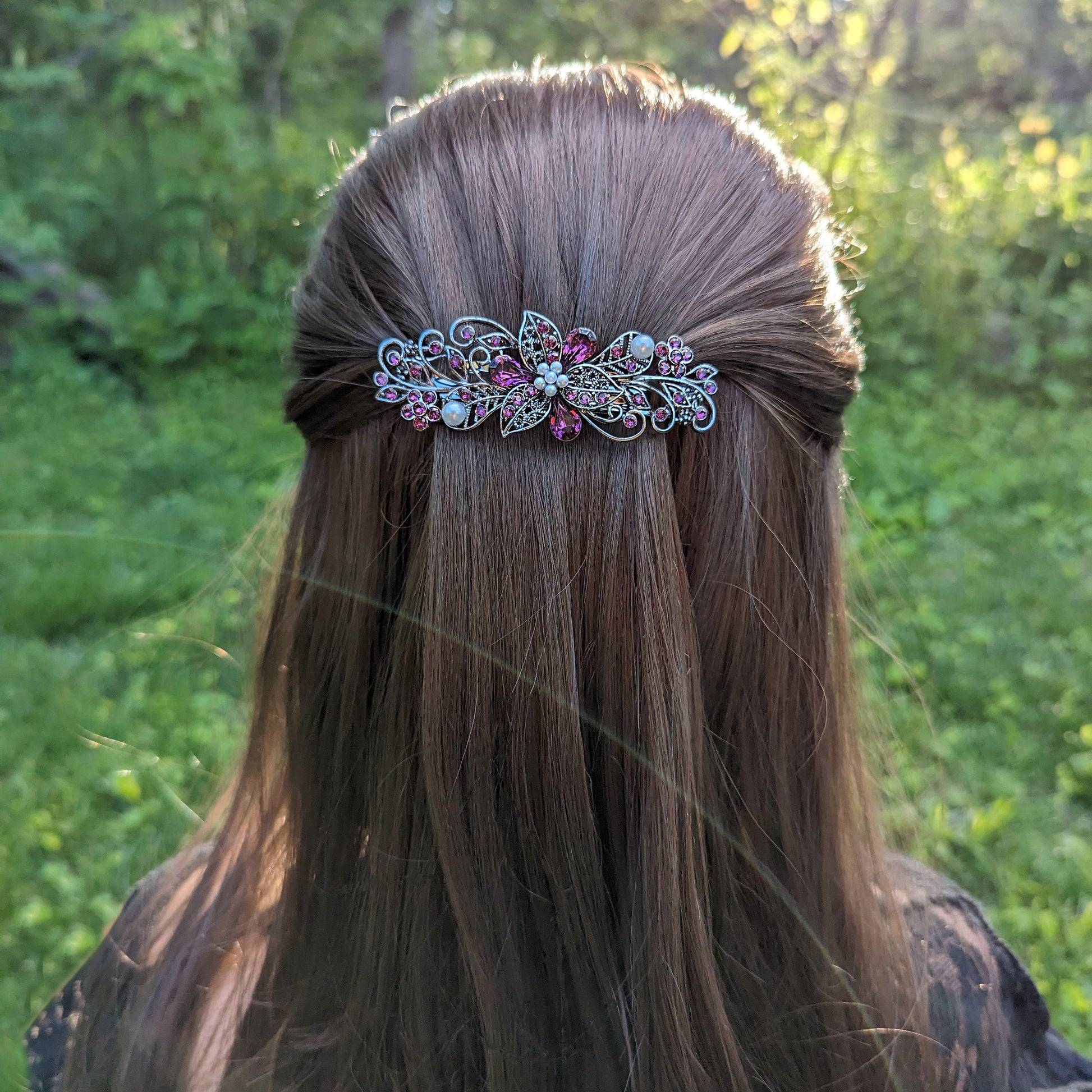 Swarovski Purple Amethyst Floral Crystal Hair Clips, Fancy Hair Barrettes, Bridal Hair Accessories, Hair Barrettes for Thick Hair