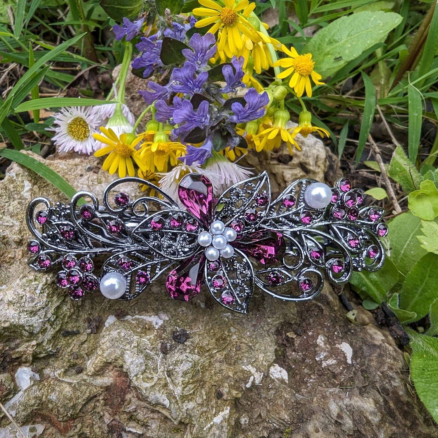 Swarovski Purple Amethyst Floral Crystal Hair Clips, Fancy Hair Barrettes, Bridal Hair Accessories, Hair Barrettes for Thick Hair, elven jewelry