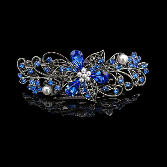 Swarovski Sapphire Blue Floral Crystal Hair Clips, Fancy Hair Barrettes, Bridal Hair Accessories, Hair Barrettes for Thick Hair, Wedding Jewelry, Vintage Jewelry, Elven Jewelry