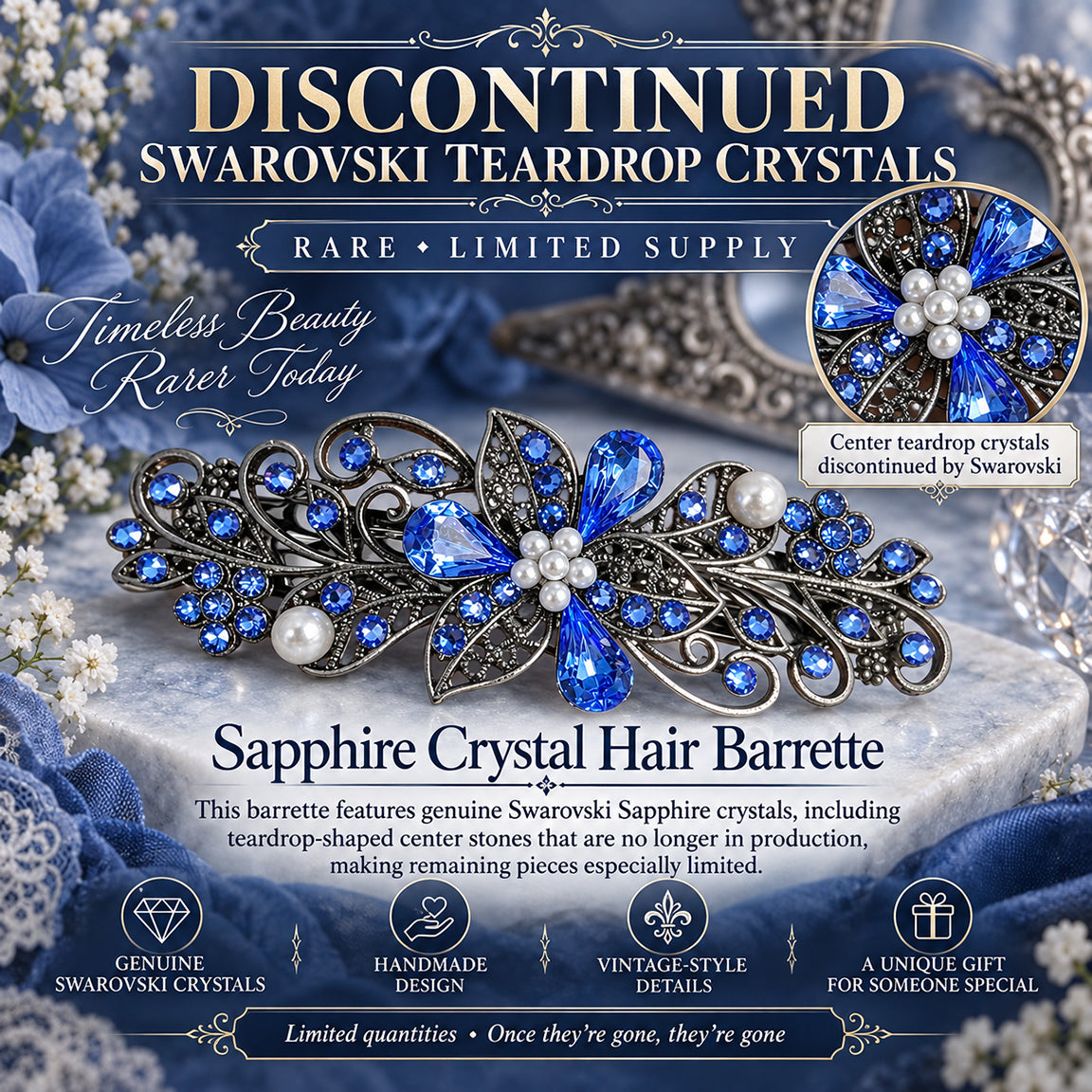 Sapphire Swarovski Crystal Barrette for Thick Hair | Floral Bridal Hair Clip