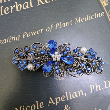 Swarovski Sapphire Blue Floral Crystal Hair Clips, Fancy Hair Barrettes, Bridal Hair Accessories, Hair Barrettes for Thick Hair, Wedding Jewelry, Vintage Jewelry, Elven Jewelry