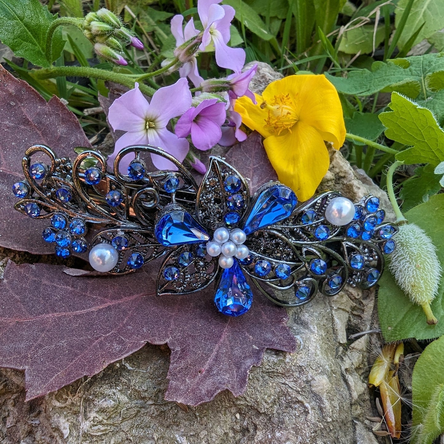 Swarovski Sapphire Blue Floral Crystal Hair Clips, Fancy Hair Barrettes, Bridal Hair Accessories, Hair Barrettes for Thick Hair, Wedding Jewelry, Vintage Jewelry, Elven Jewelry