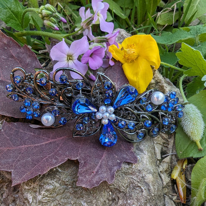 Swarovski Sapphire Blue Floral Crystal Hair Clips, Fancy Hair Barrettes, Bridal Hair Accessories, Hair Barrettes for Thick Hair, Wedding Jewelry, Vintage Jewelry, Elven Jewelry