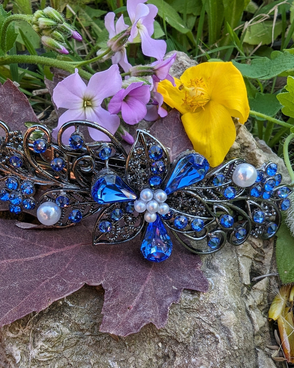 Swarovski Sapphire Blue Floral Crystal Hair Clips, Fancy 
