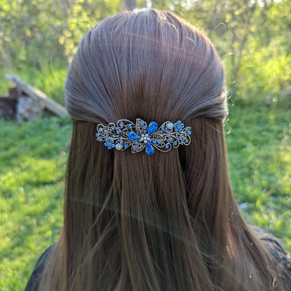 Swarovski Sapphire Blue Floral Crystal Hair Clips, Fancy Hair Barrettes, Bridal Hair Accessories, Hair Barrettes for Thick Hair, Wedding Jewelry, Vintage Jewelry, Elven Jewelry