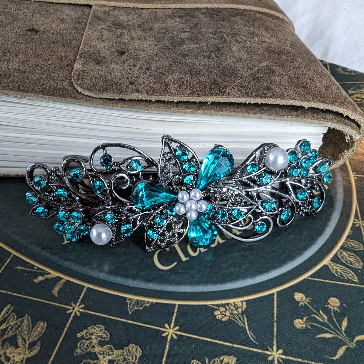 Swarovski Teal Floral Crystal Hair Clips, Fancy Hair Barrettes, Bridal Hair Accessories, Hair Barrettes for Thick Hair, elven jewelry
