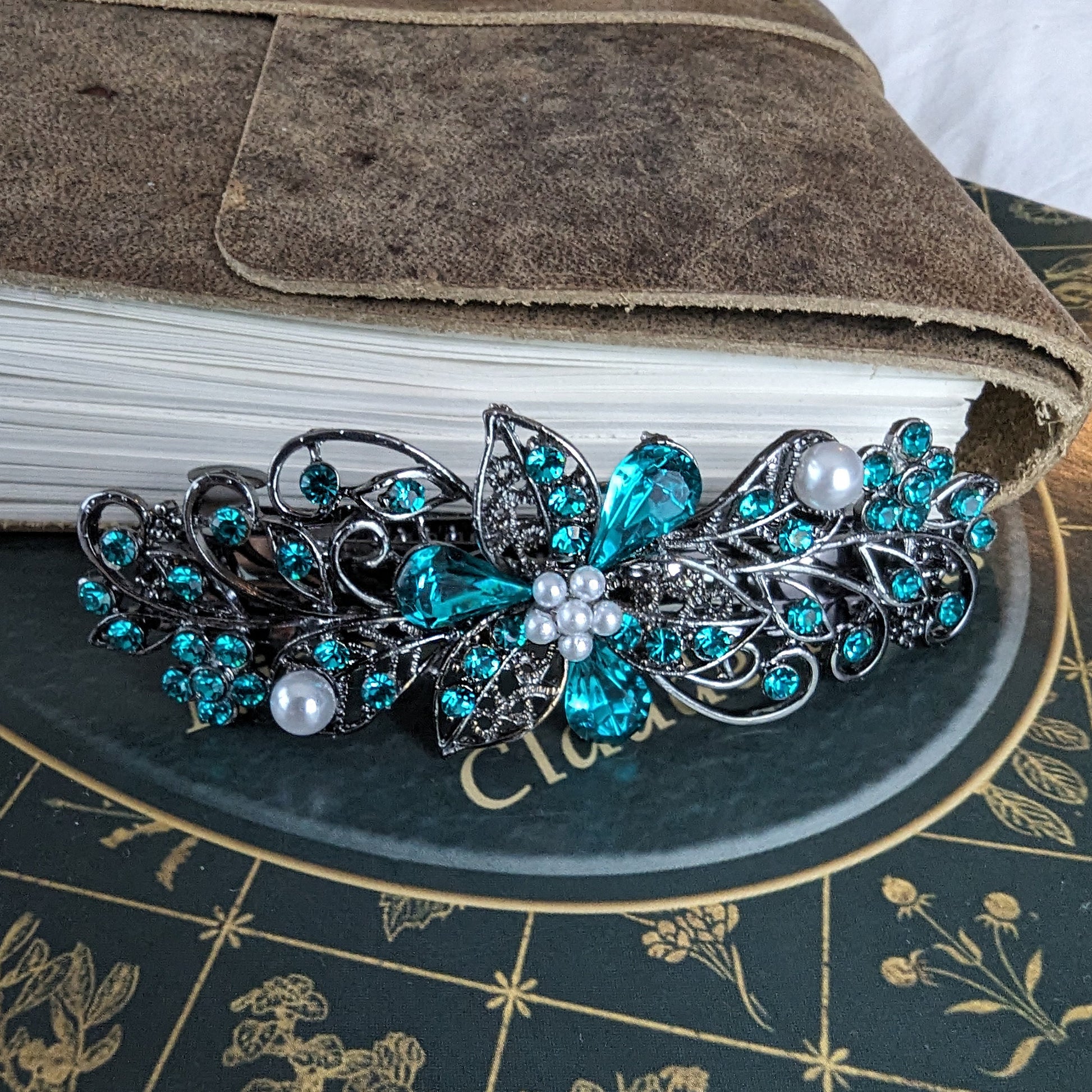 Swarovski Teal Floral Crystal Hair Clips, Fancy Hair Barrettes, Bridal Hair Accessories, Hair Barrettes for Thick Hair, elven jewelry