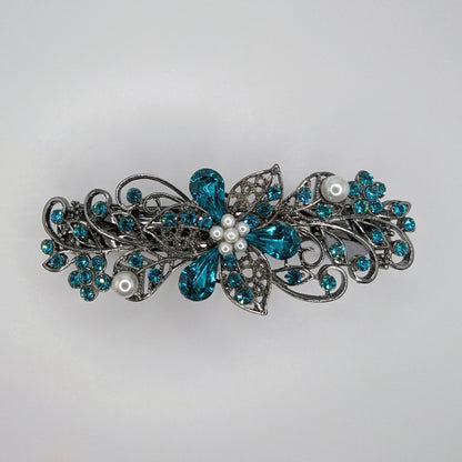 Swarovski Teal Floral Crystal Hair Clips, Fancy Hair Barrettes, Bridal Hair Accessories, Hair Barrettes for Thick Hair, Elven Jewelry
