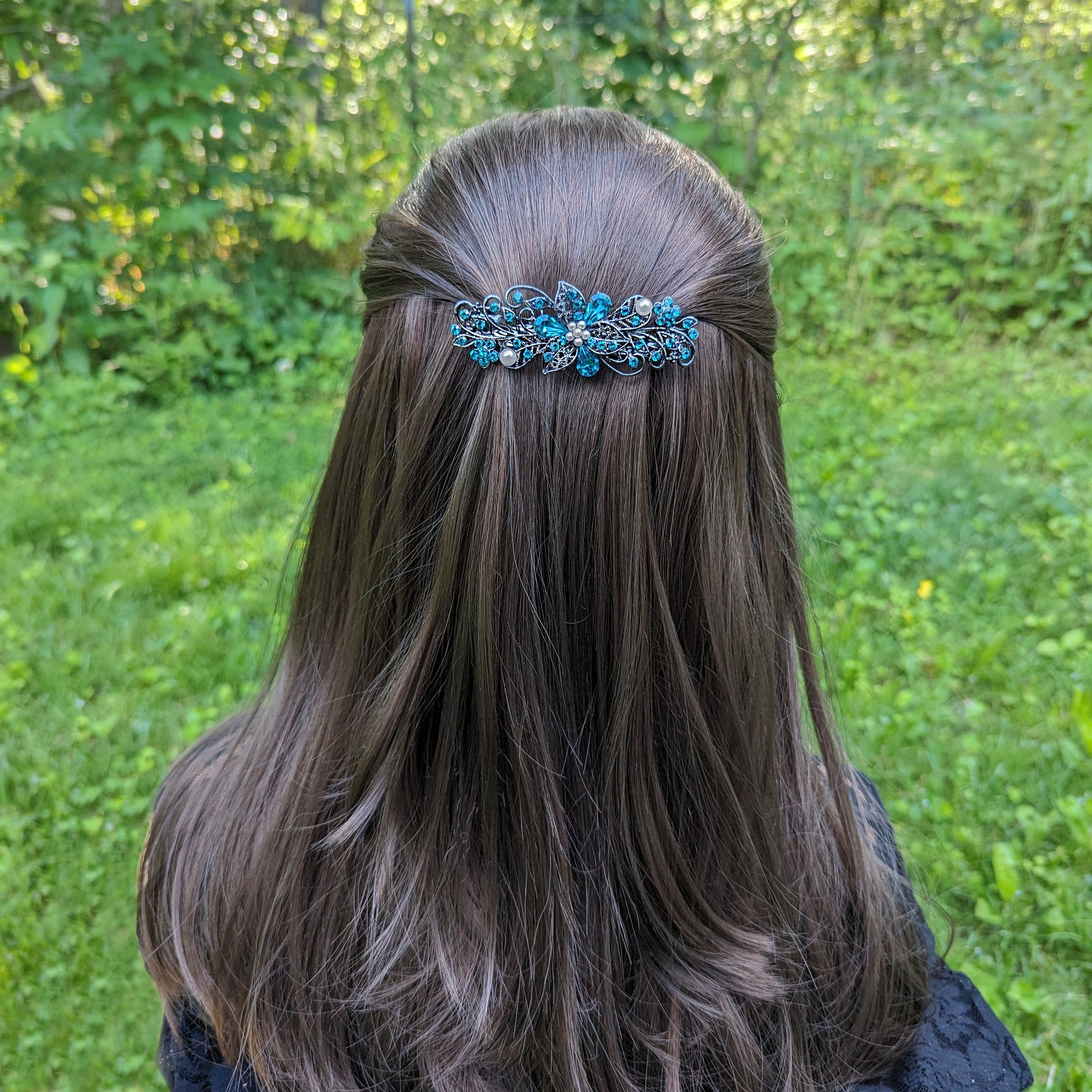 Swarovski Teal Floral Crystal Hair Clips, Fancy Hair Barrettes, Bridal Hair Accessories, Hair Barrettes for Thick Hair, elven jewelry