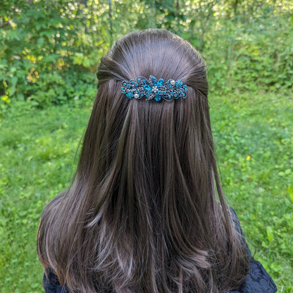 Swarovski Teal Floral Crystal Hair Clips, Fancy Hair Barrettes, Bridal Hair Accessories, Hair Barrettes for Thick Hair, elven jewelry