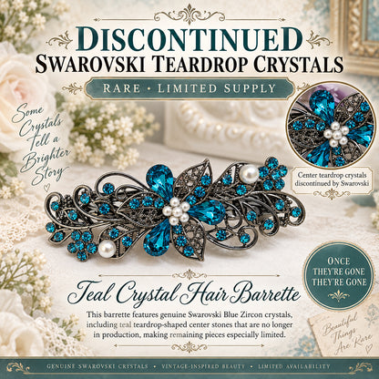 Teal Swarovski Crystal Barrette for Thick Hair | Floral Bridal Hair Clip