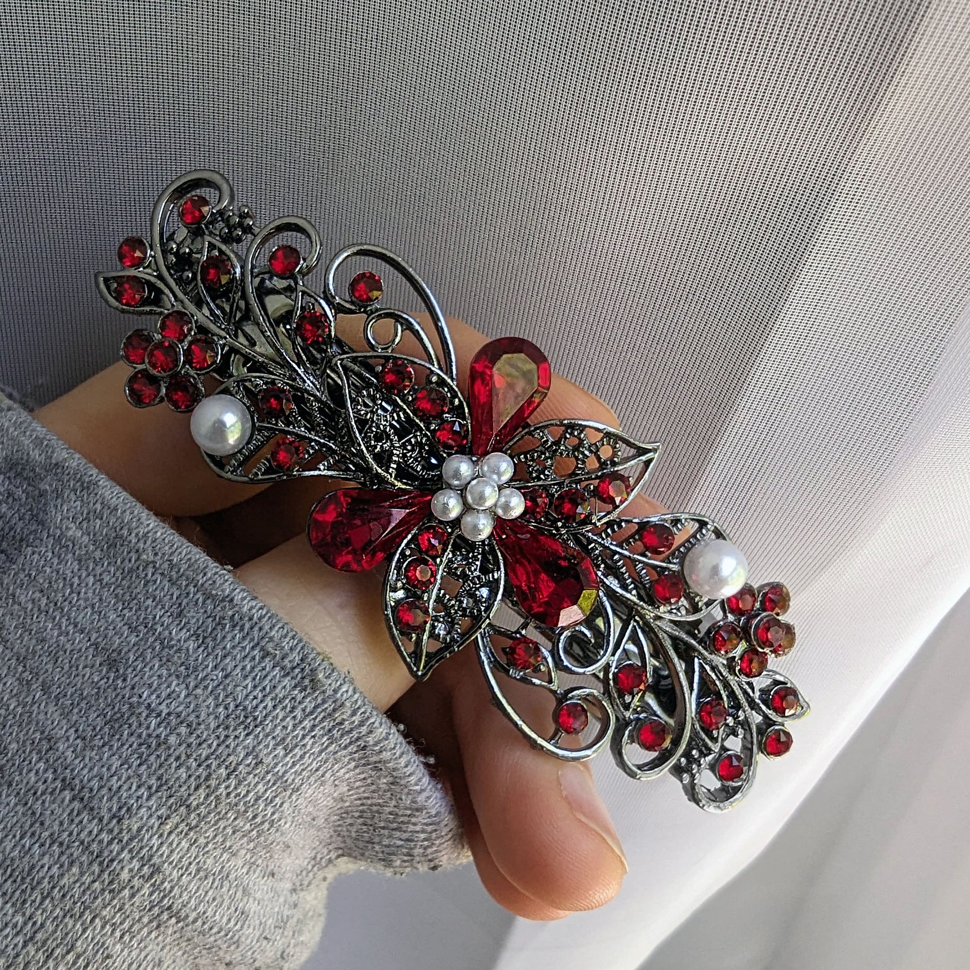 high quality Swarovski red floral crystal hair clips, bridal hair accessories, fancy hair barrettes, elven jewelry, vintage jewelry, hair barrettes for thick hair