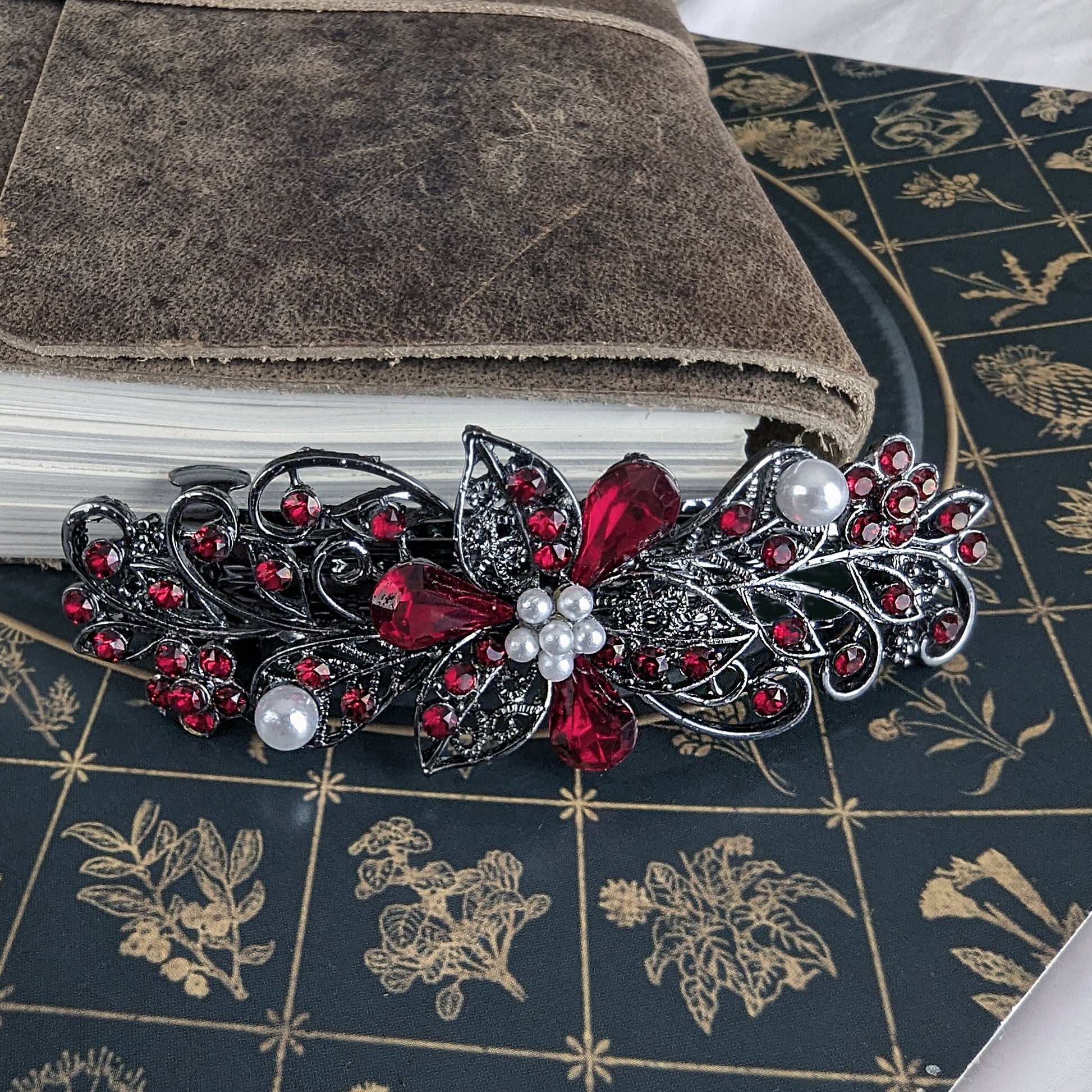 high quality Swarovski red floral crystal hair clips, bridal hair accessories, fancy hair barrettes, elven jewelry, vintage jewelry, hair barrettes for thick hair