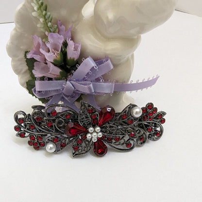 high quality Swarovski red floral crystal hair clips, bridal hair accessories, fancy hair barrettes, elven jewelry, vintage jewelry, hair barrettes for thick hair