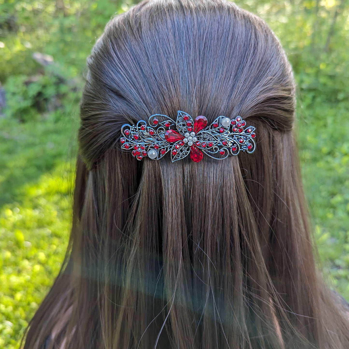 high quality Swarovski red floral crystal hair clips, bridal hair accessories, fancy hair barrettes, elven jewelry, vintage jewelry, hair barrettes for thick hair