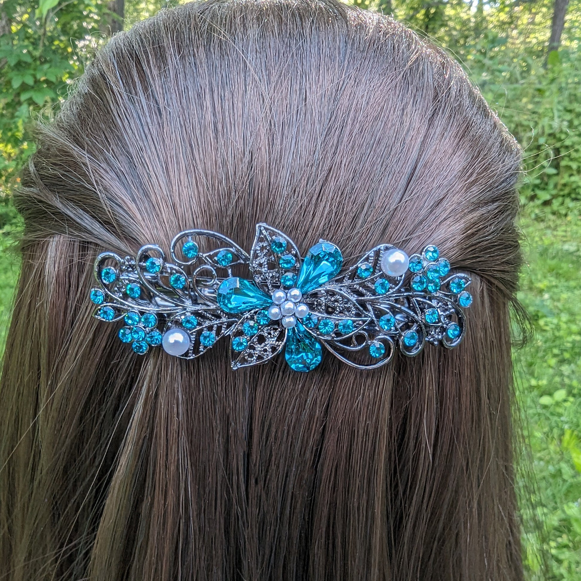 Swarovski Teal Floral Crystal Hair Clips, Fancy Hair Barrettes, Bridal Hair Accessories, Hair Barrettes for Thick Hair, elven jewelry