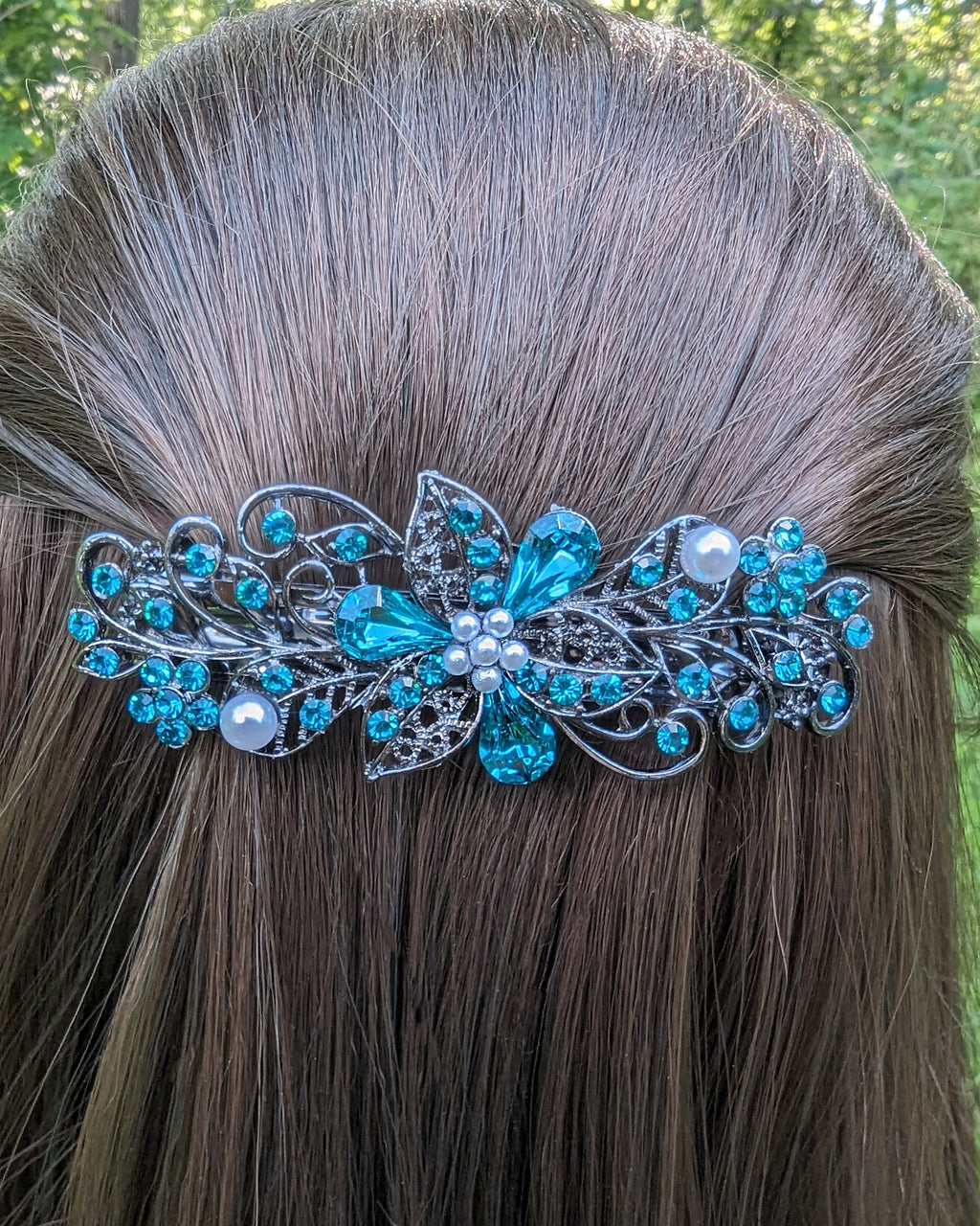 Barrette à Cheveux Art Déco Argenté Avec Strass Bleus - Clip Ovale Floral, Style Vintage