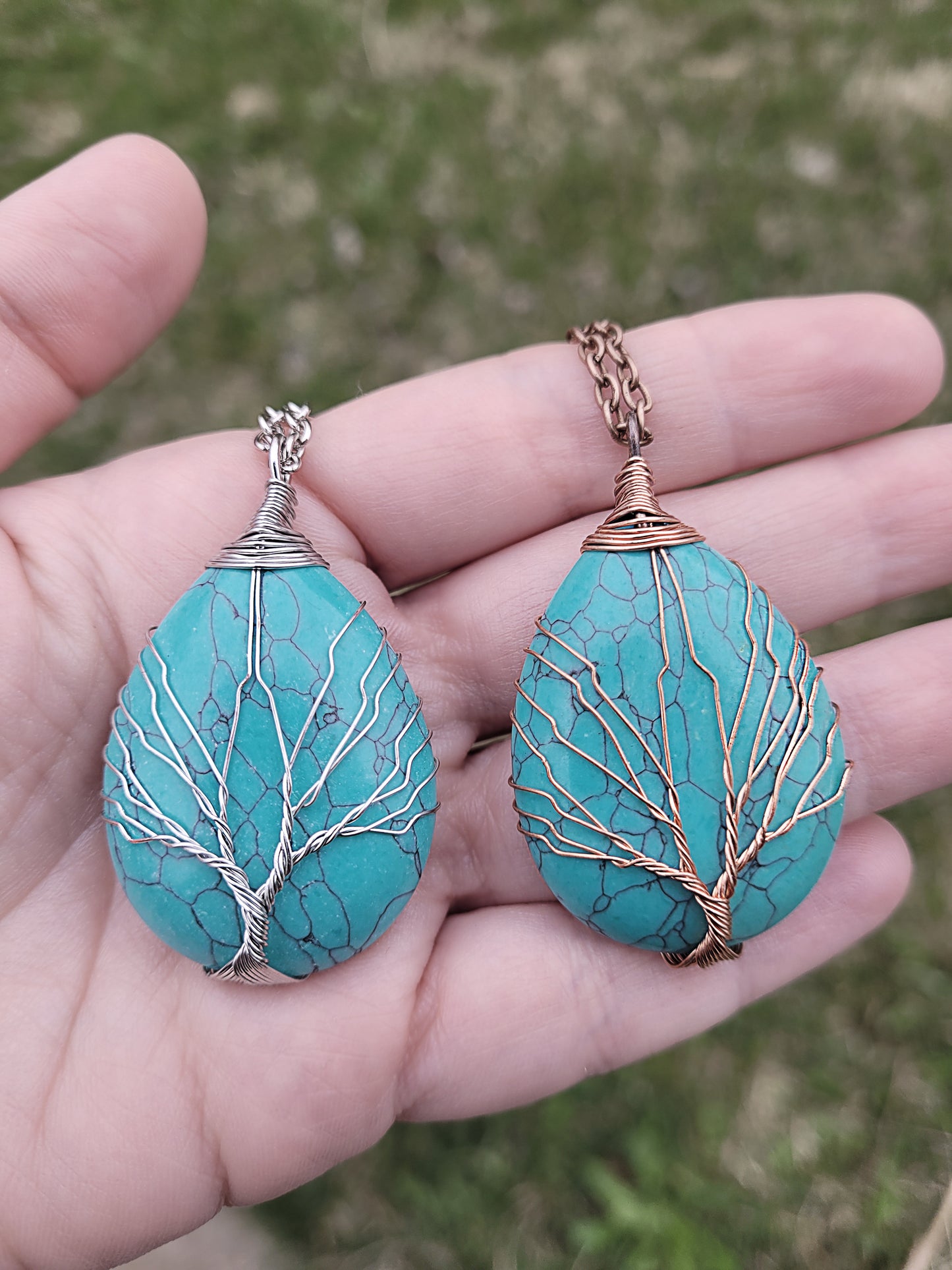 Pear Shaped Natural Turquoise Healing Stones, Tree of Life Wire Wrapped Necklace in Copper and Silver