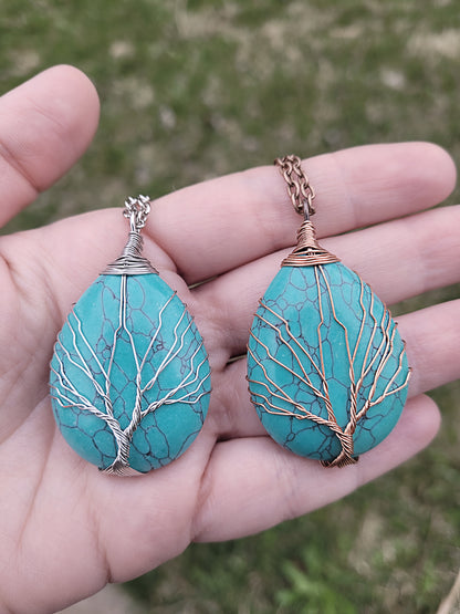 Pear Shaped Natural Turquoise Healing Stones, Tree of Life Wire Wrapped Necklace in Copper and Silver
