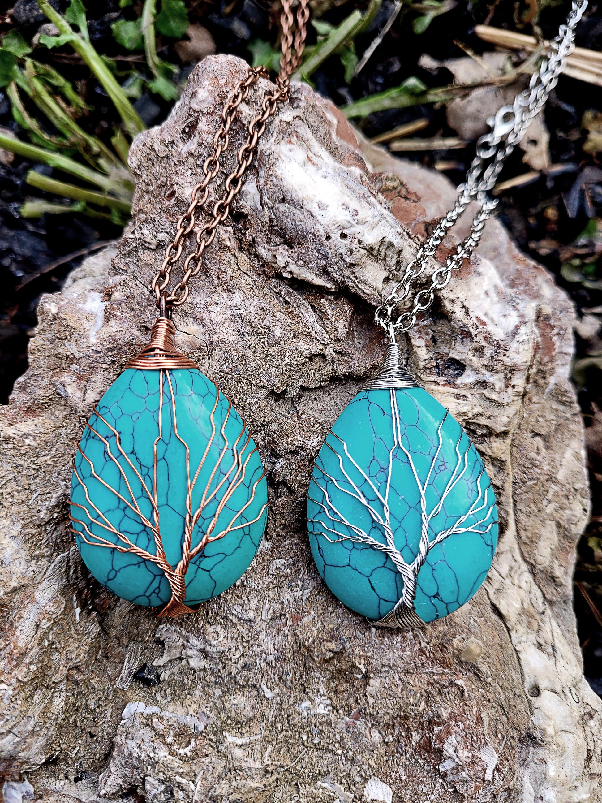 Pear Shaped Natural Turquoise Healing Stones, Tree of Life Wire Wrapped Necklace in Copper and Silver