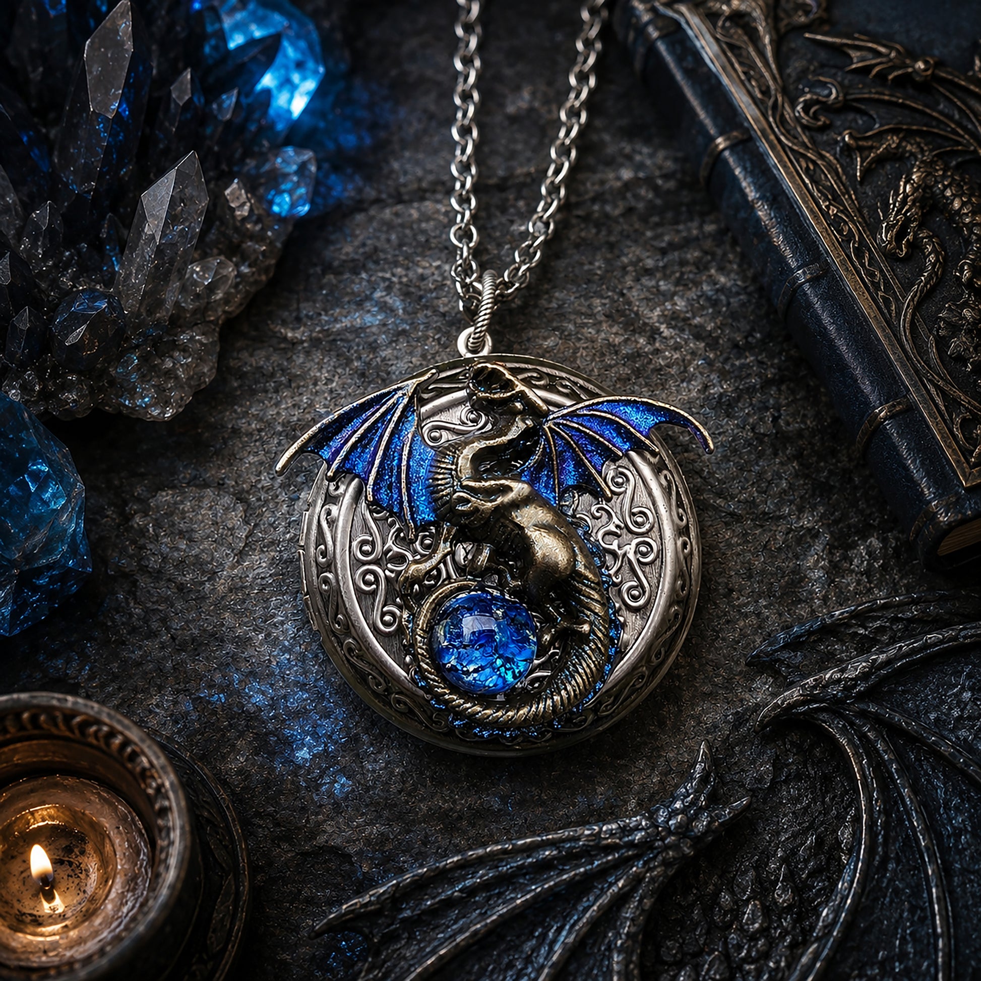 Dragon-shaped locket necklace with blue gemstone on a dark surface with candles and crystals.  Gothic dragon fantasy jewelry