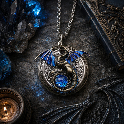Dragon-shaped locket necklace with blue gemstone on a dark surface with candles and crystals.  Gothic dragon fantasy jewelry