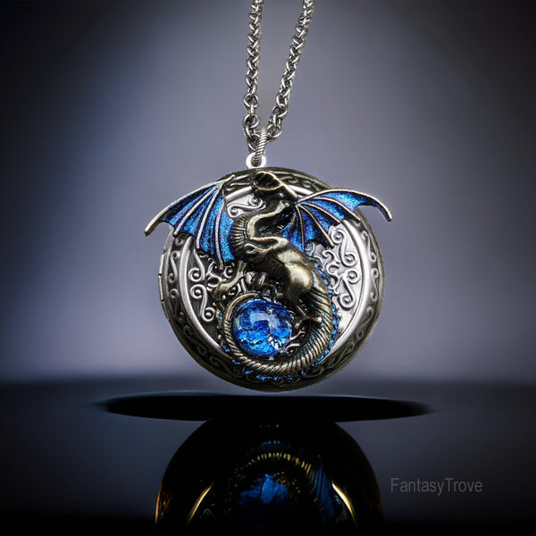 Dragon locket necklace with Blue Opal Replica, Fantasy Jewelry
