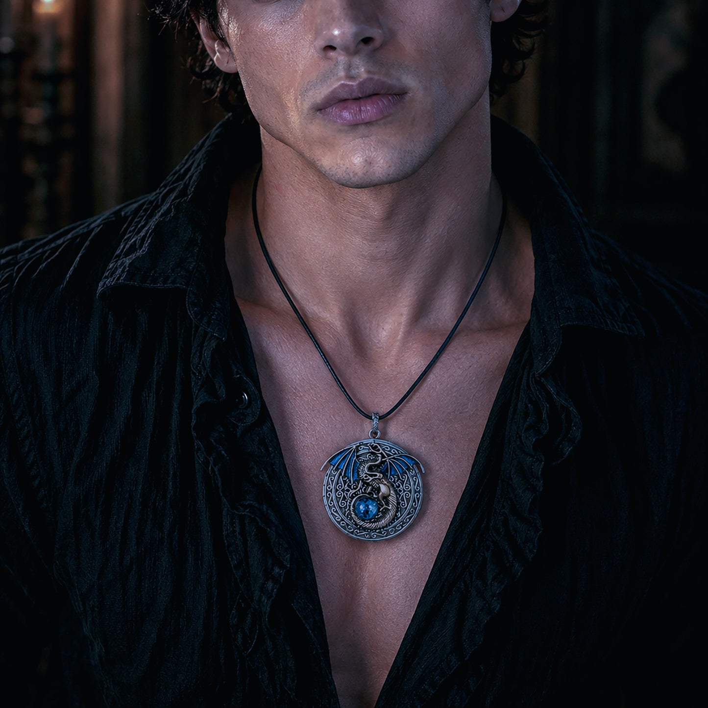 Gothic Dragon Locket Necklace with blue opal replica, Fantasy jewelry, modeled on a young man.