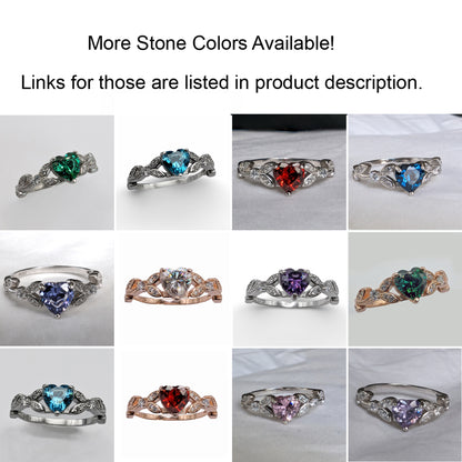 CZ (Cubic Zirconia) Violet Heart Engagement Promise Ring: White Gold Sterling Silver Leaf Design