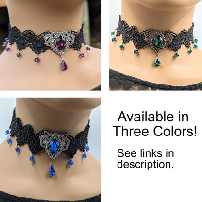Vintage Emerald Lace Choker Necklace made with Swarovski Crystals, Gothic Jewelry, Vintage Jewelry