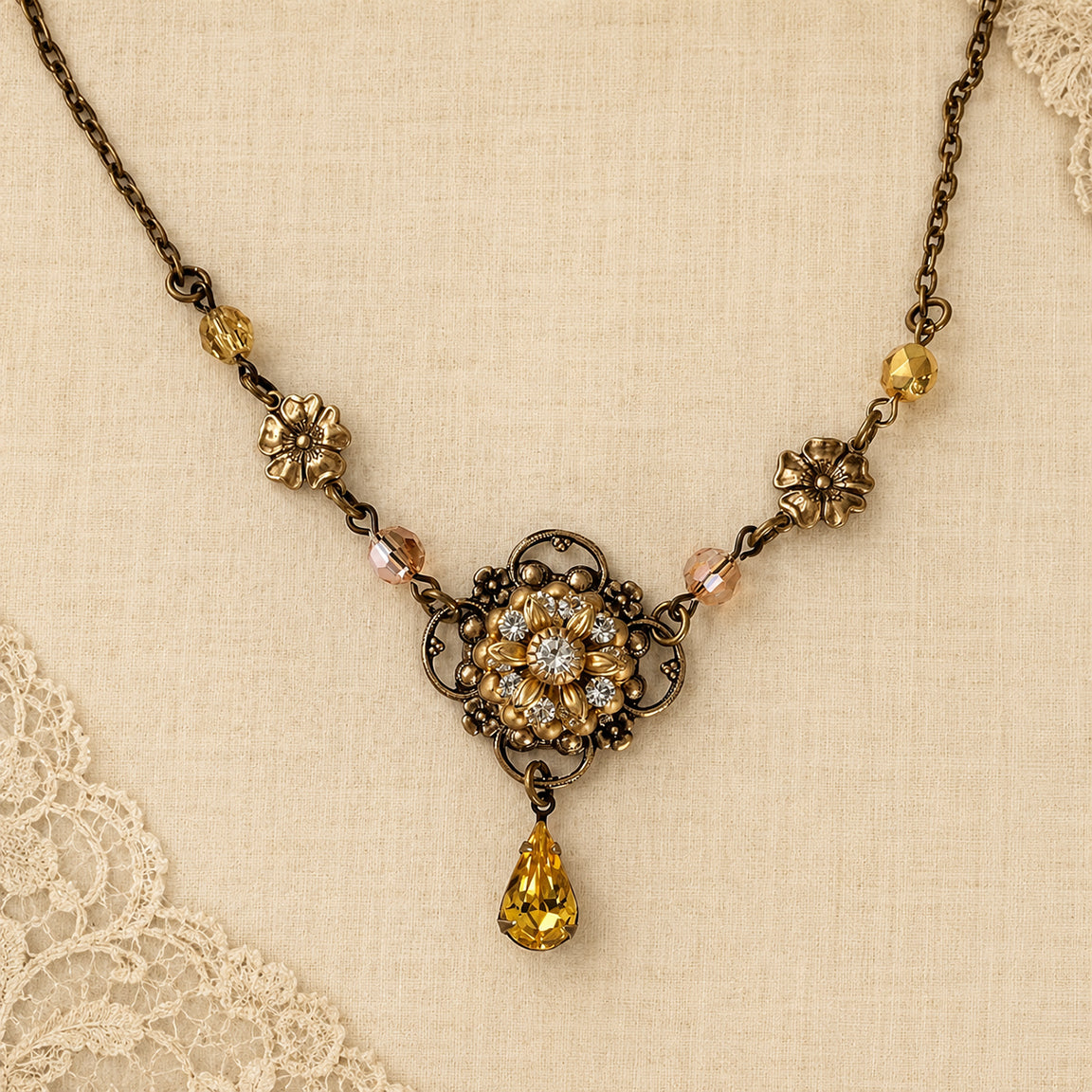 An antique-style flower necklace with a central floral sunflower medallion with crystals, small gold beads, honey faceted beads, and a teardrop-shaped light topaz crystal pendant, displayed on a textured cream linen background with lace trim.