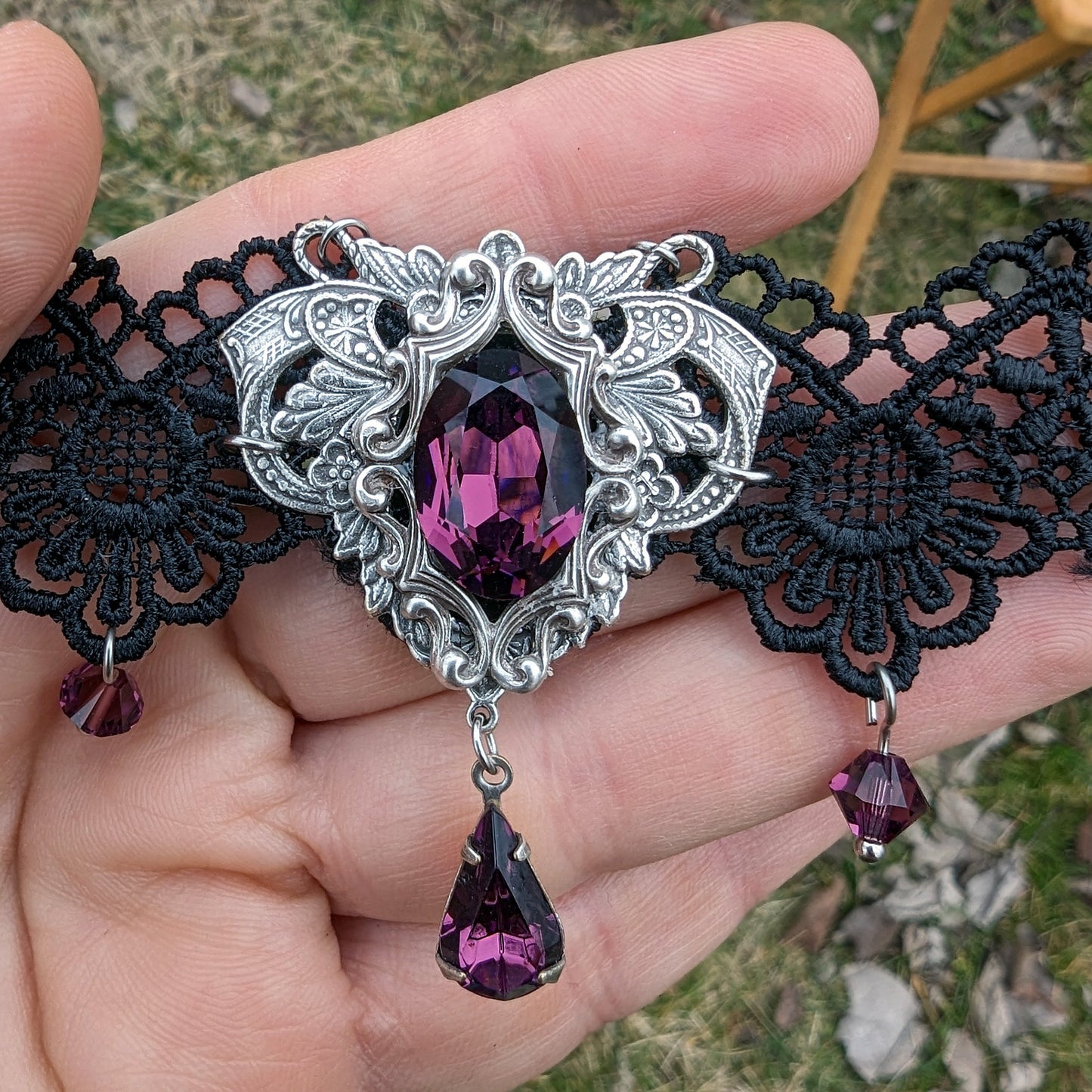 Vintage Amethyst Choker Necklace made with Swarovski Crystals, Gothic Jewelry, Dark Fantasy Necklace