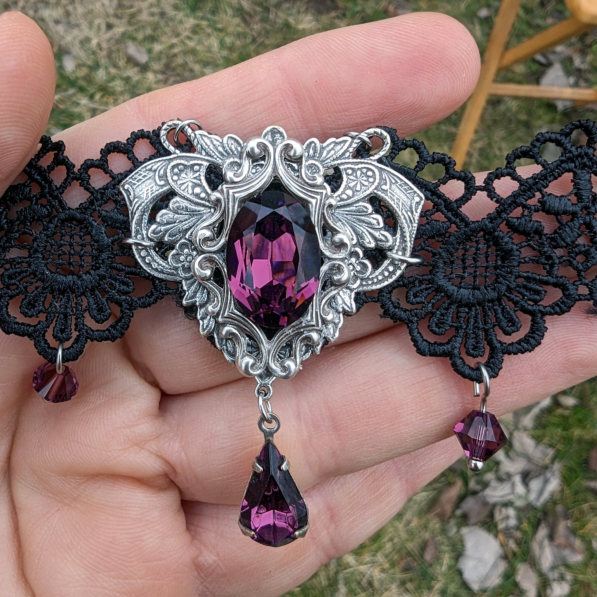 Vintage Amethyst Choker Necklace made with Swarovski Crystals, Gothic Jewelry, Dark Fantasy Necklace