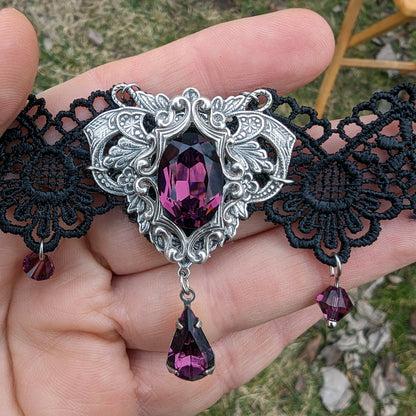 Vintage Amethyst Choker Necklace made with Swarovski Crystals, Gothic Jewelry, Dark Fantasy Necklace
