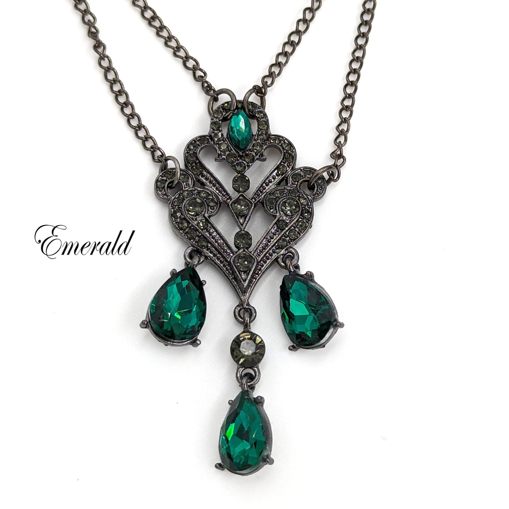 Vintage Crystal Chandelier Necklace with Emerald Rhinestones, Vintage Jewelry, Gothic Jewelry