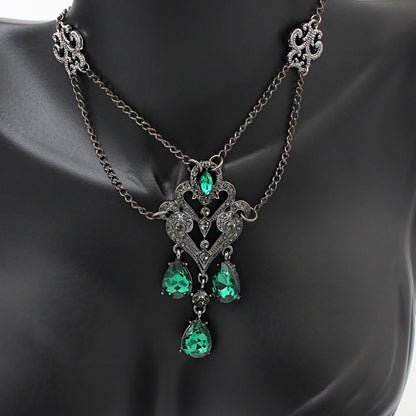Vintage Crystal Chandelier Necklace with Emerald Rhinestones, Vintage Jewelry, Gothic Jewelry