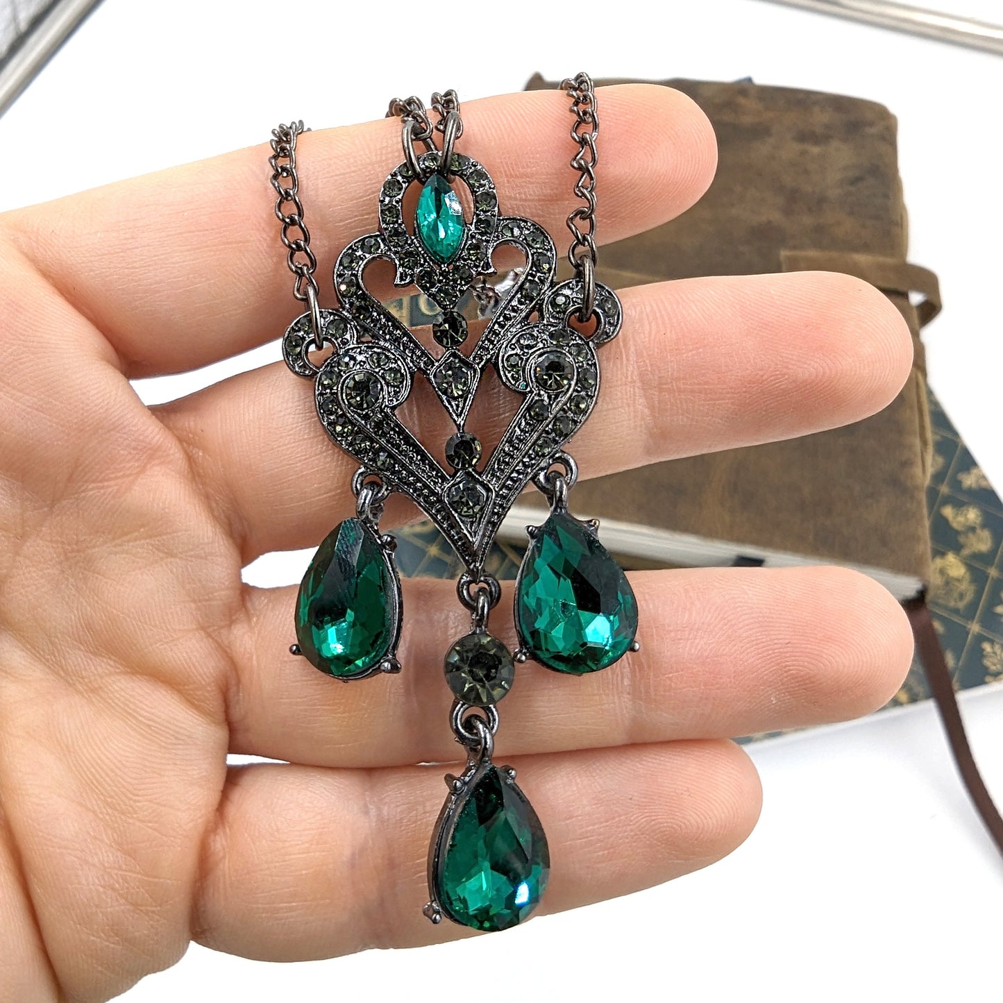 Vintage Crystal Chandelier Necklace with Emerald Rhinestones, Vintage Jewelry, Gothic Jewelry