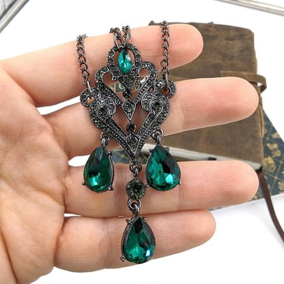 Vintage Crystal Chandelier Necklace with Emerald Rhinestones, Vintage Jewelry, Gothic Jewelry