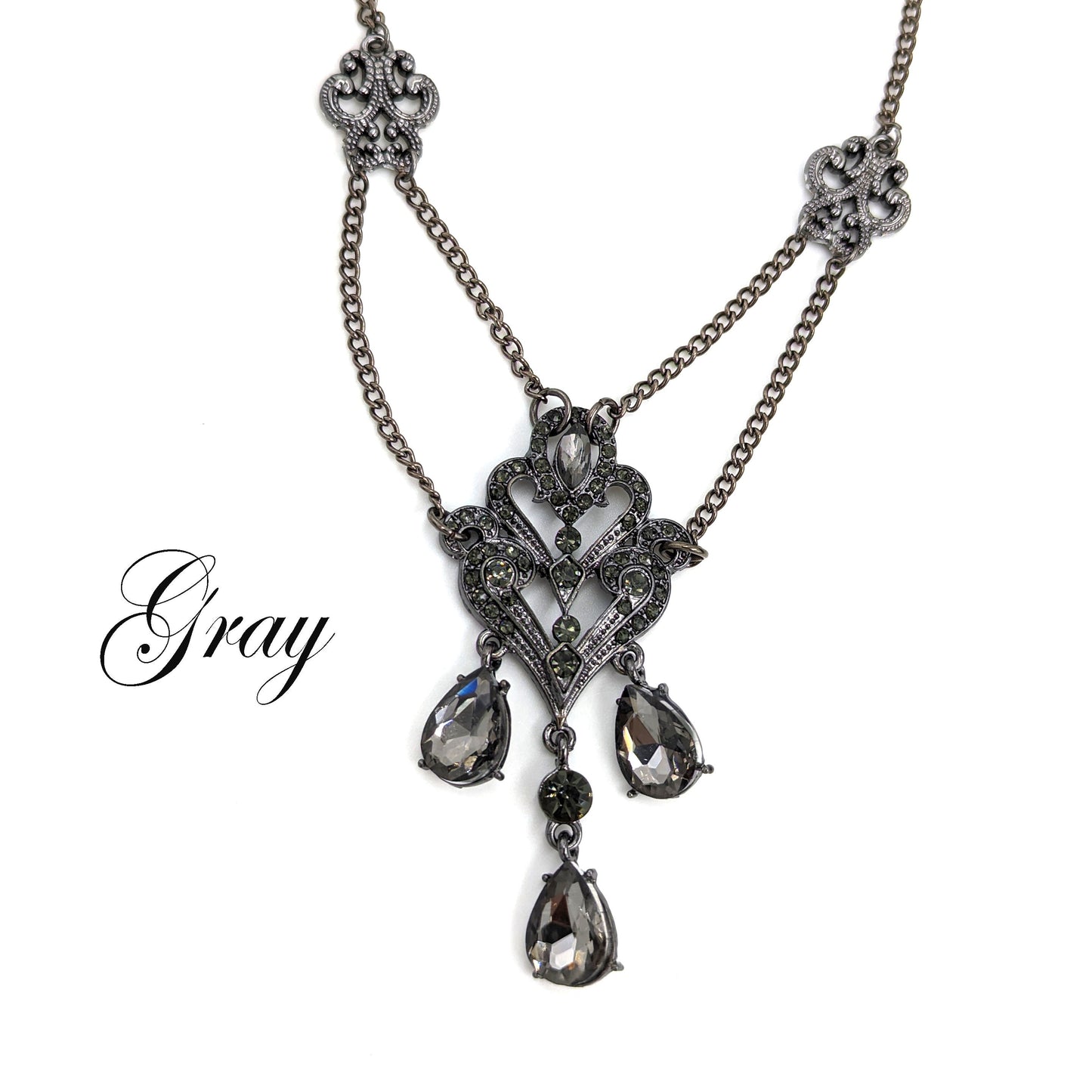 Vintage Crystal Chandelier Necklace with Gray Rhinestones, Vintage Jewelry, Gothic Jewelry