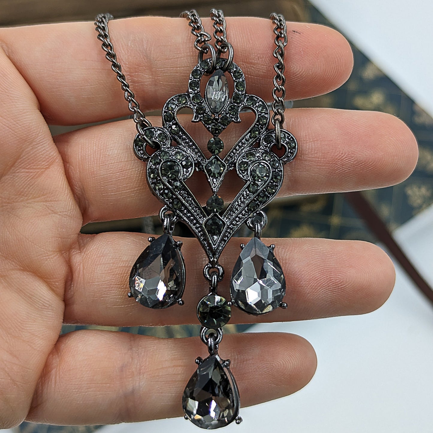 Vintage Crystal Chandelier Necklace with Gray Rhinestones, Vintage Jewelry, Gothic Jewelry