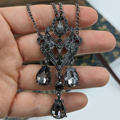 Vintage Crystal Chandelier Necklace with Gray Rhinestones, Vintage Jewelry, Gothic Jewelry