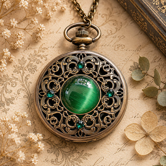 Decorative pocket watch with green gemstone on an aged paper background