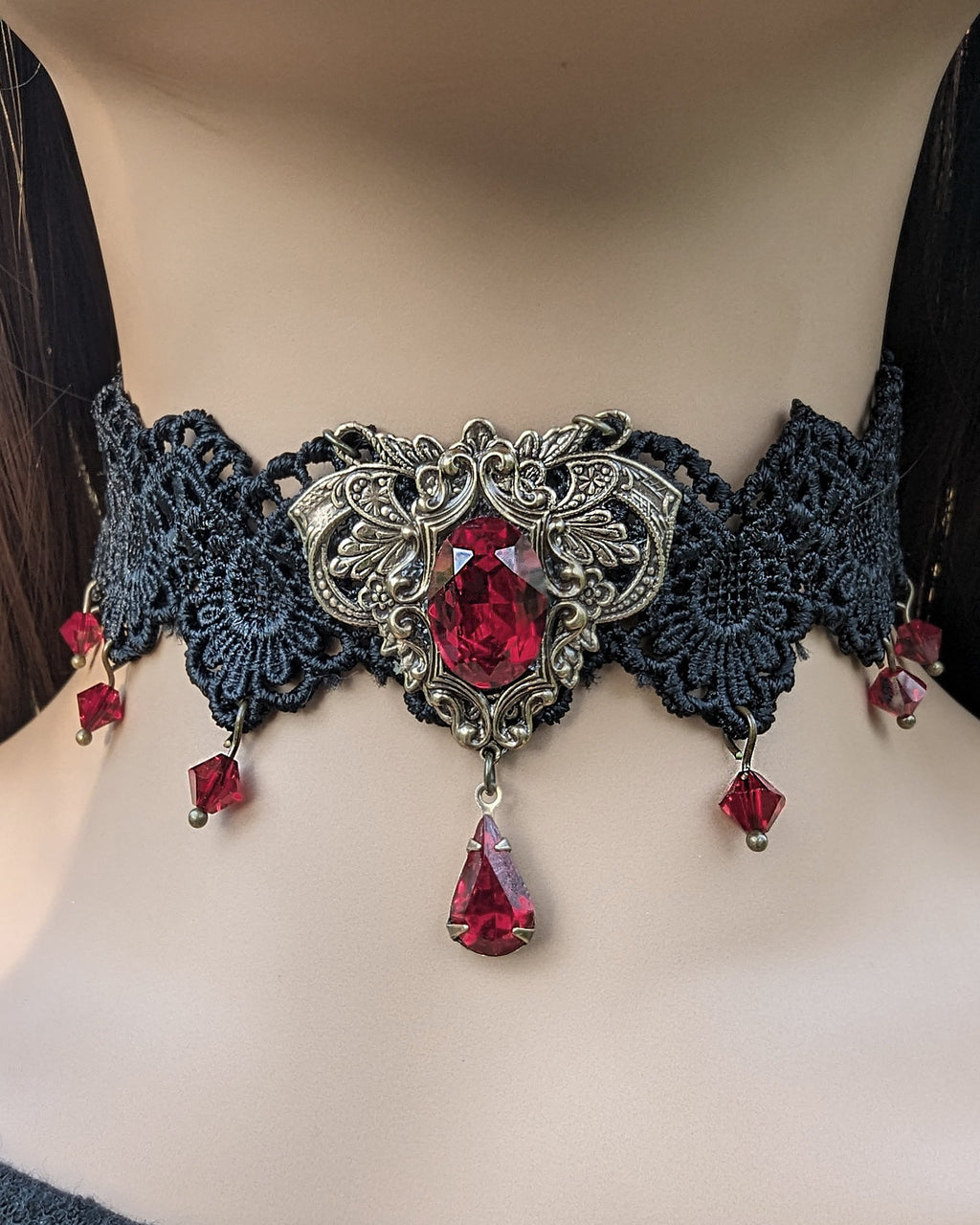 Vintage Red Crystal Lace Choker Necklace made with Swarovski Crystals,