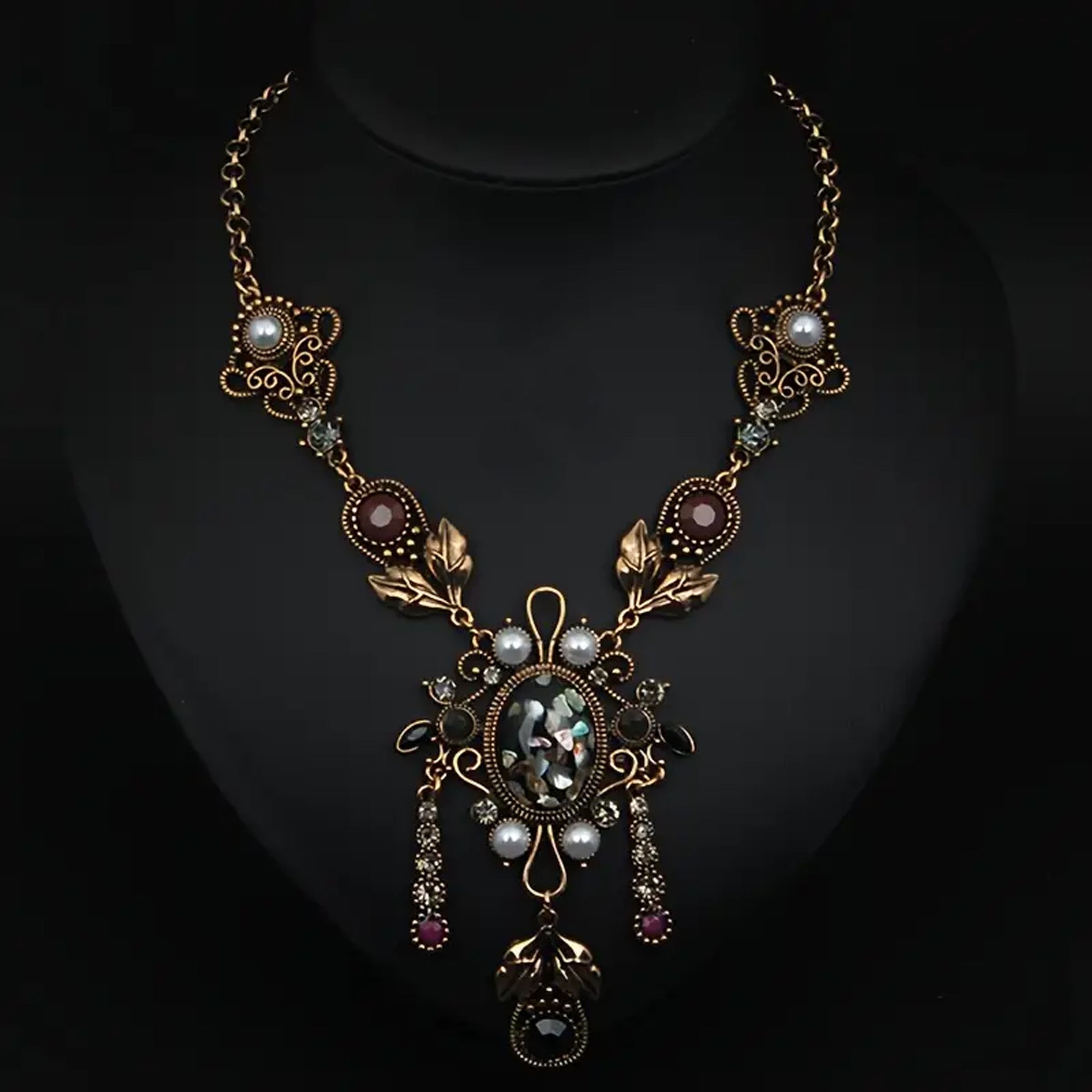Vintage Rhinestone and pearl Statement Necklace with Black Opal Replica, Vintage Jewelry