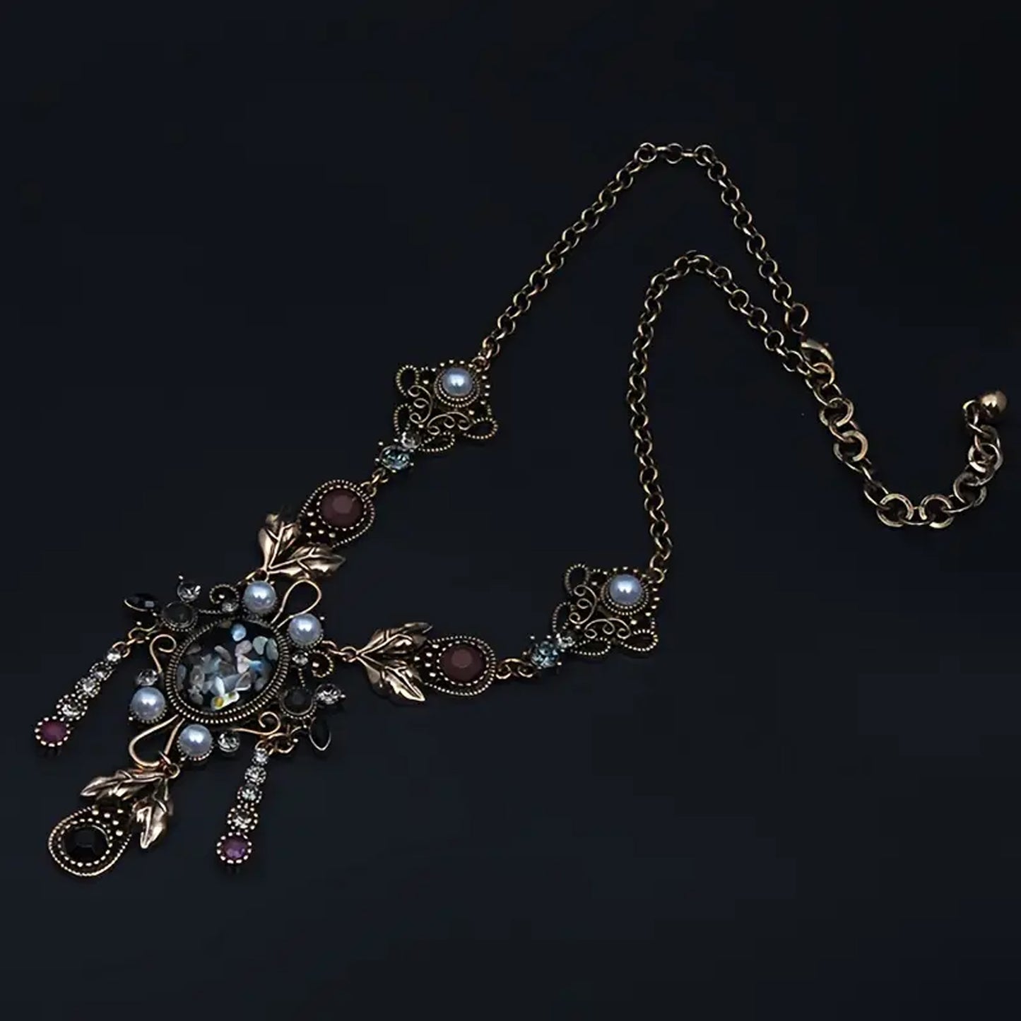 Vintage Rhinestone and pearl Statement Necklace with Black Opal Replica, Vintage Jewelry