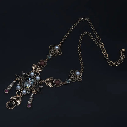 Vintage Rhinestone and pearl Statement Necklace with Black Opal Replica, Vintage Jewelry