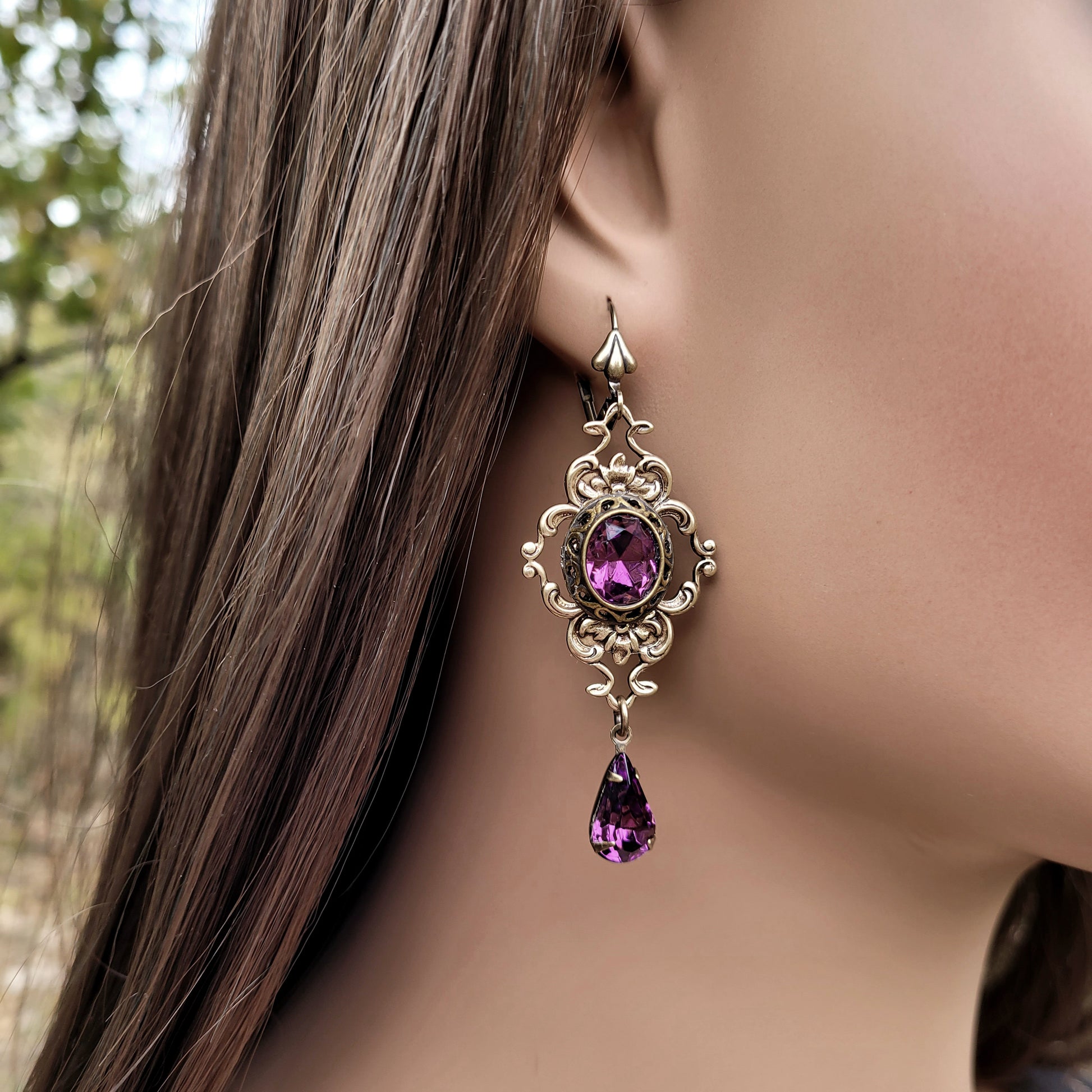 Vintage crystal Amethyst earrings - wedding jewelry set - bridal jewelry set
