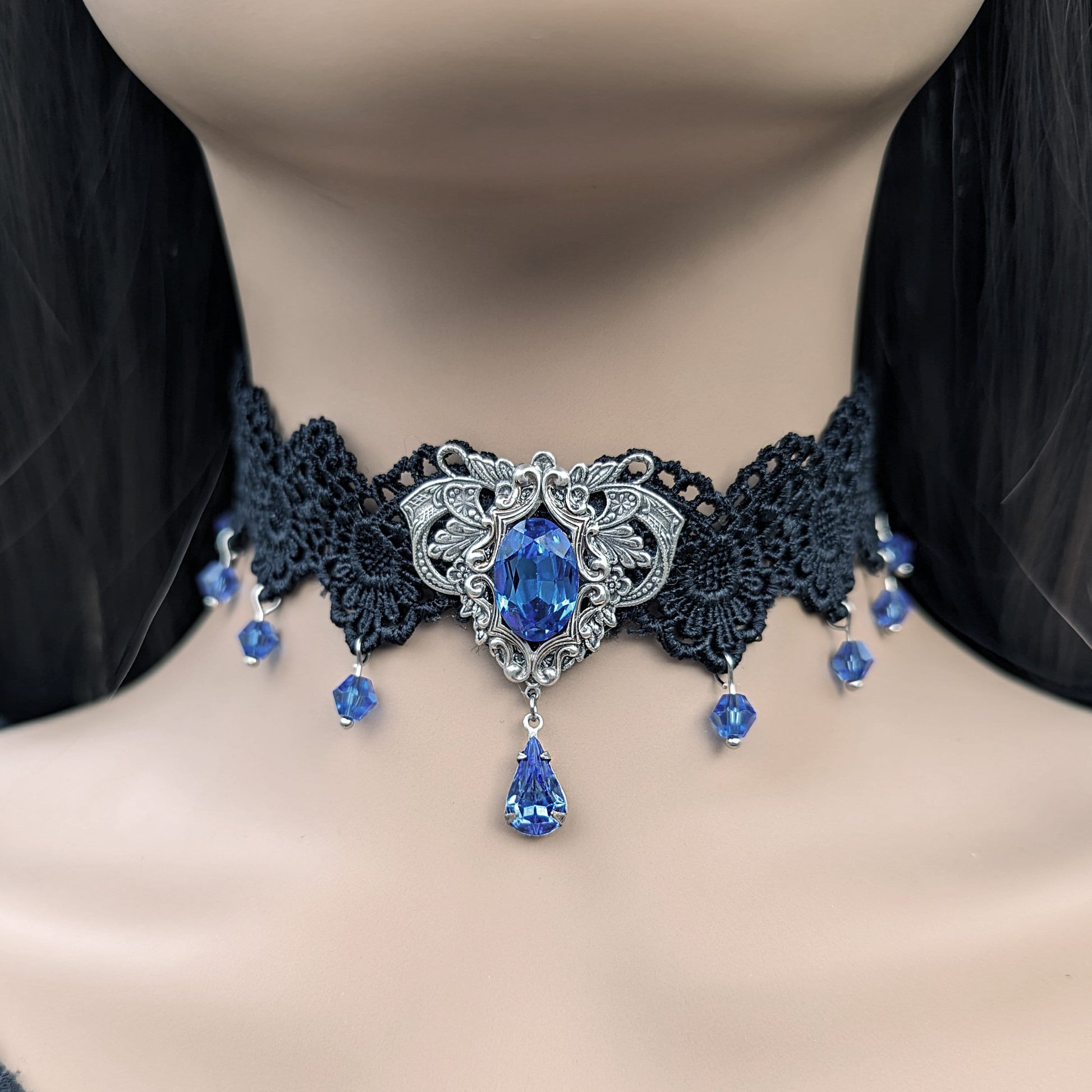Vintage Sapphire Choker Necklace made with Swarovski Crystals, Gothic Jewelry, Victorian Jewelry