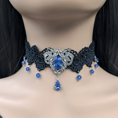 Vintage Sapphire Choker Necklace made with Swarovski Crystals, Gothic Jewelry, Victorian Jewelry